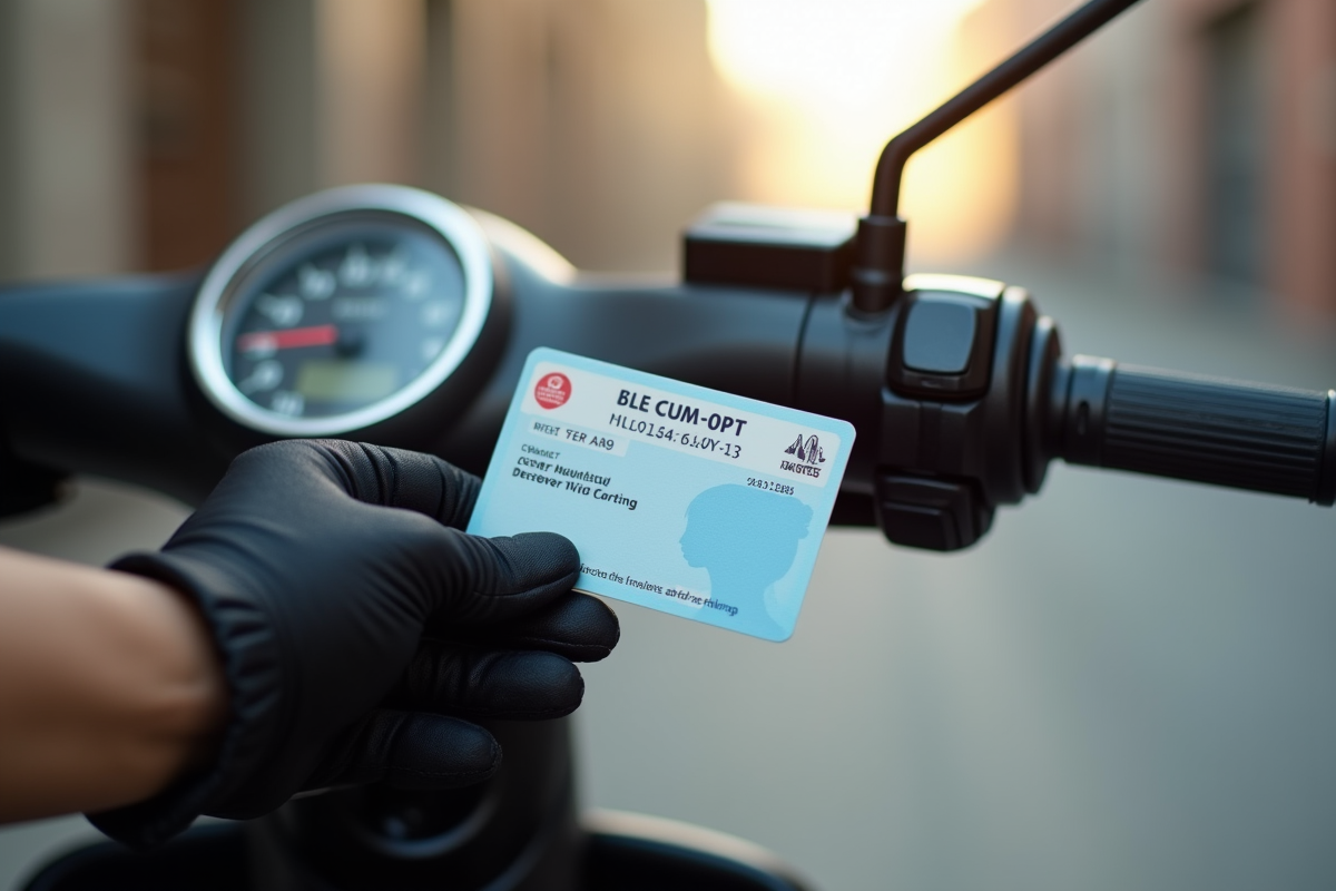 Main gantée tenant une nouvelle carte de permis scooter avec guidon