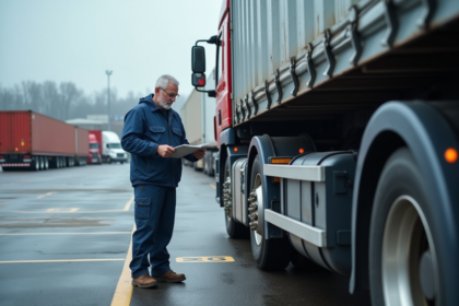 Conducteur de camion en uniforme examine le châssis d'un poids lourd