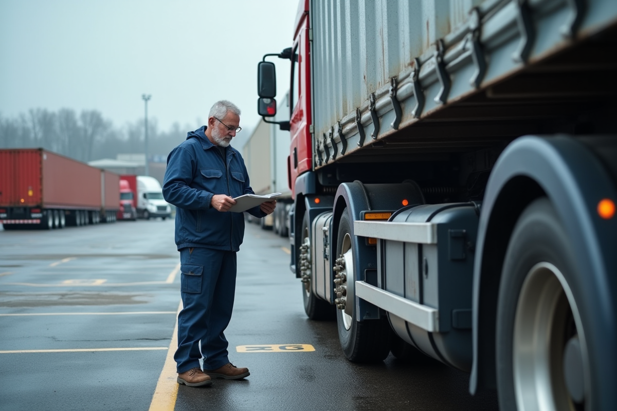 Conducteur de camion en uniforme examine le châssis d'un poids lourd