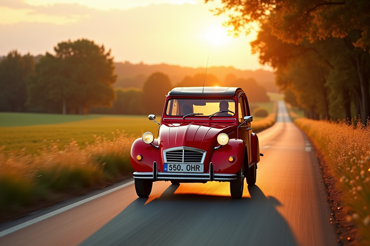 Citroën 2CV rouge roulant sur une route rurale en France