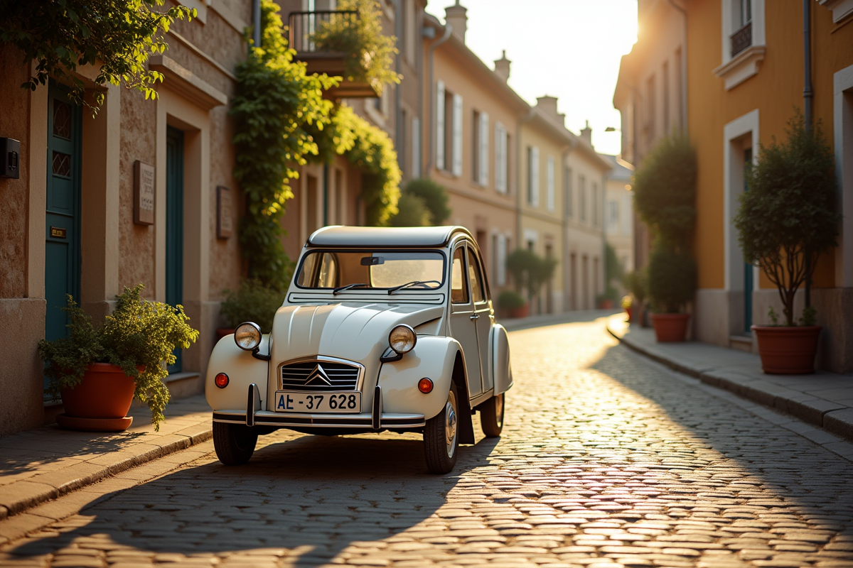 Citroën 2CV stationnée dans un village français au matin