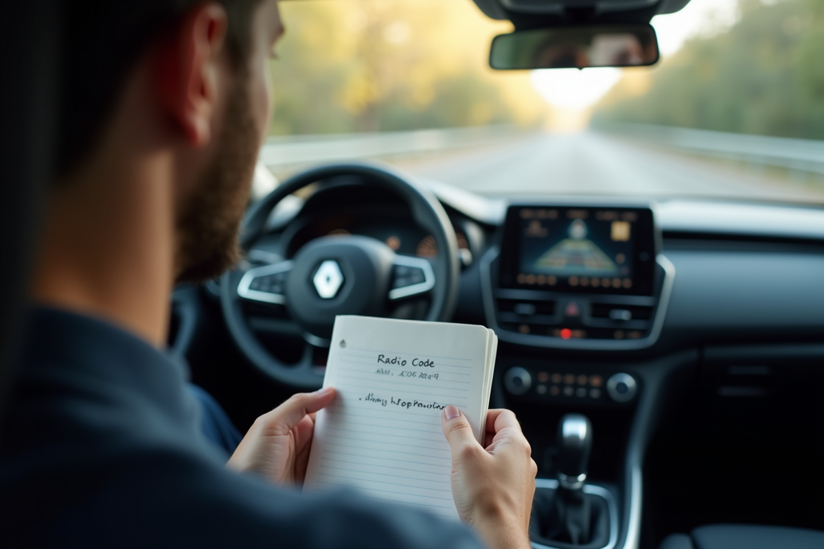 Conducteur homme dans une Renault moderne avec bloc-notes