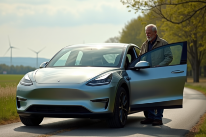 Homme d'âge moyen ferme la porte d'une voiture électrique moderne dans un paysage rural