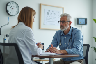 Patient homme en consultation avec une medecin dans un cabinet moderne