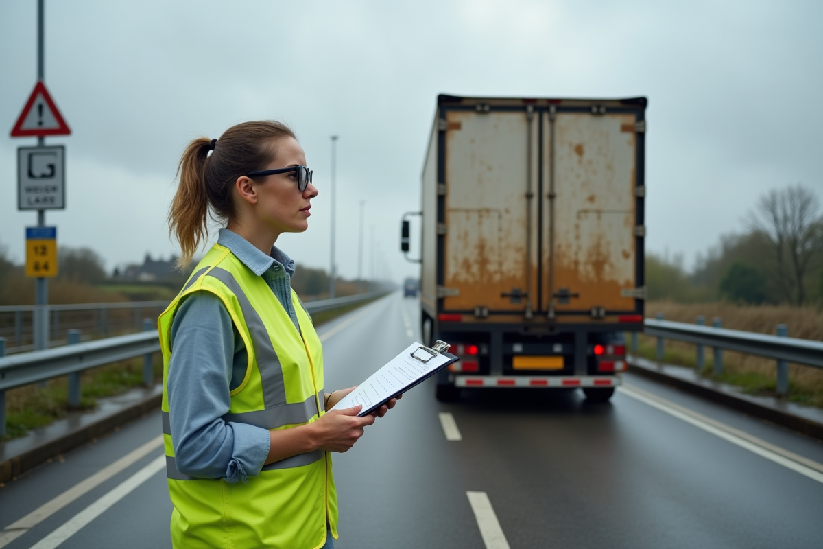 Inspectrice routière vérifie un camion sur une station de pesée