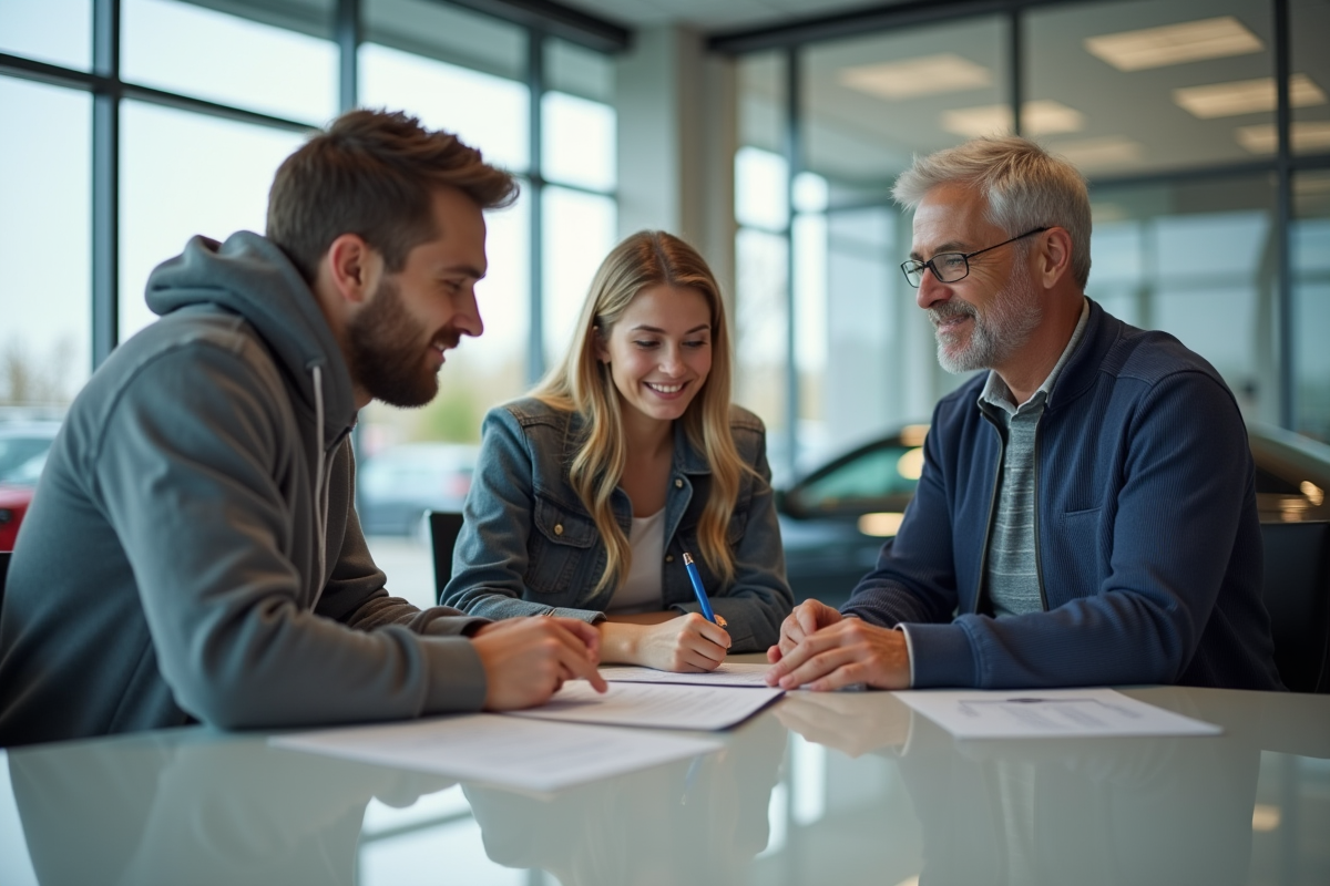 Jeune couple examinant un contrat de location avec un agent automobile