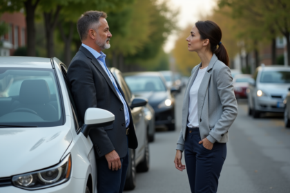 Deux conducteurs discutent à côté de leurs voitures accidentées