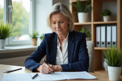 Femme d'âge moyen remplissant un formulaire d'assurance voiture dans un bureau calme