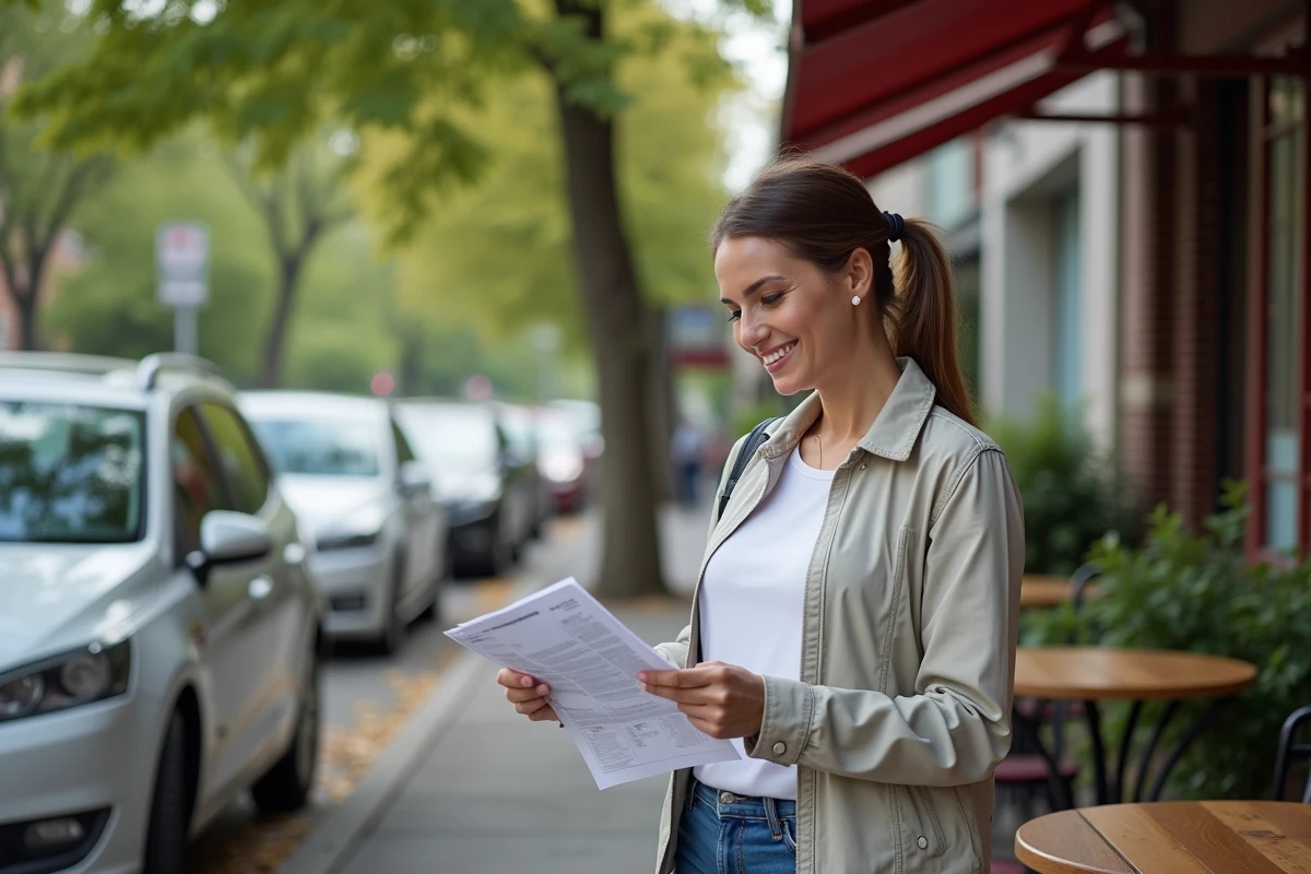 Femme souriante à l'extérieur avec documents et voiture