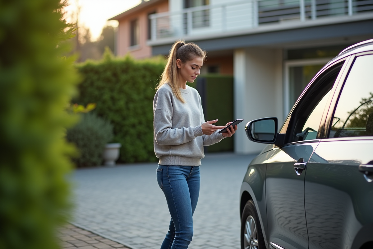 Jeune femme utilisant son smartphone pour la clé sans contact à côté d