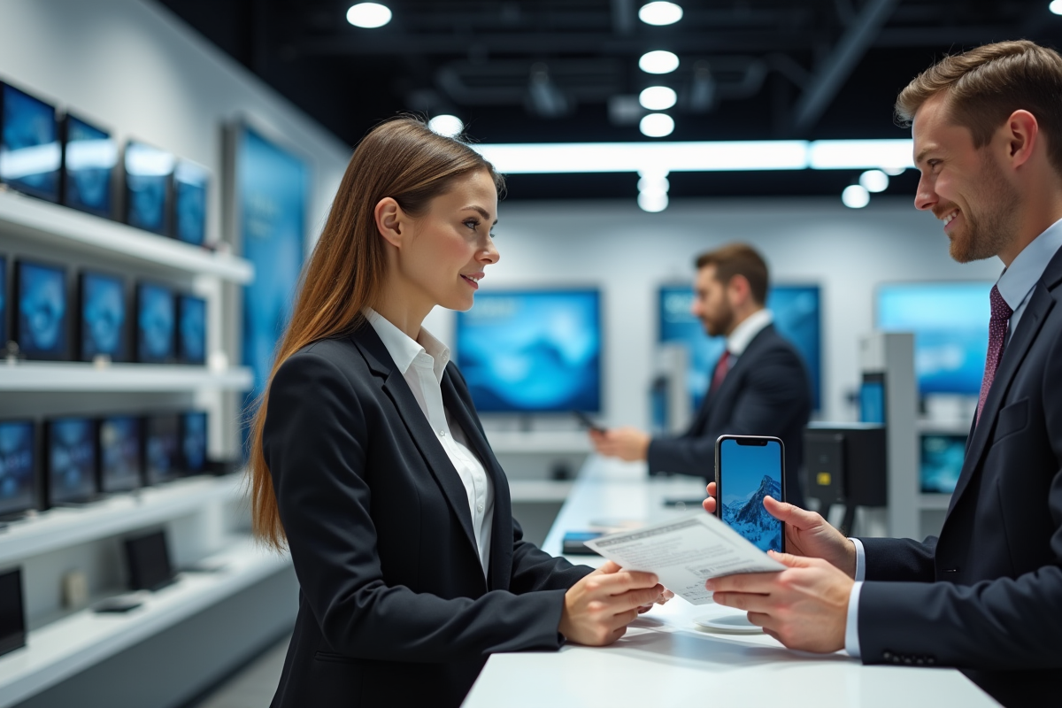 Femme discutant avec un vendeur sur une garantie électronique