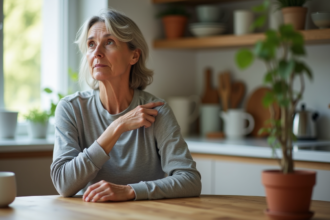 Femme examinant un petit bouton sur son épaule dans la cuisine
