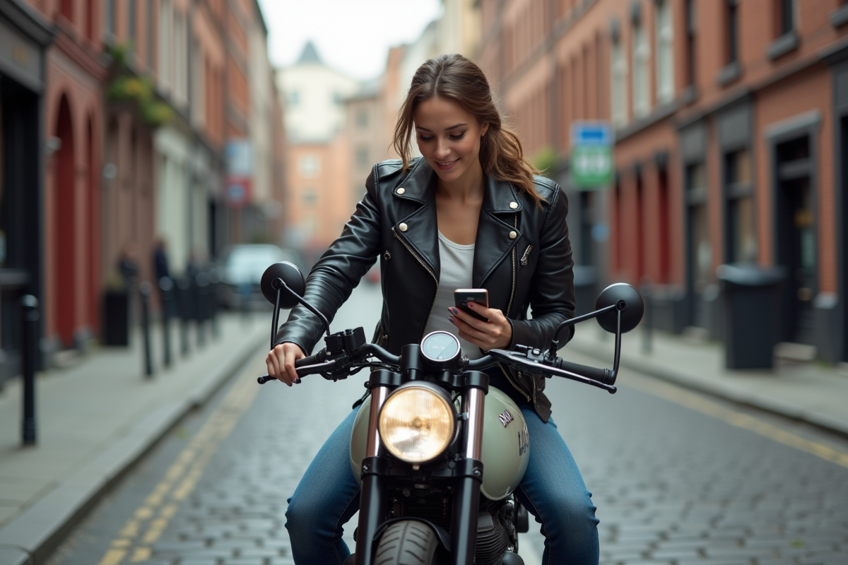 Femme en moto vintage en ville utilisant GPS avec bâtiments anciens