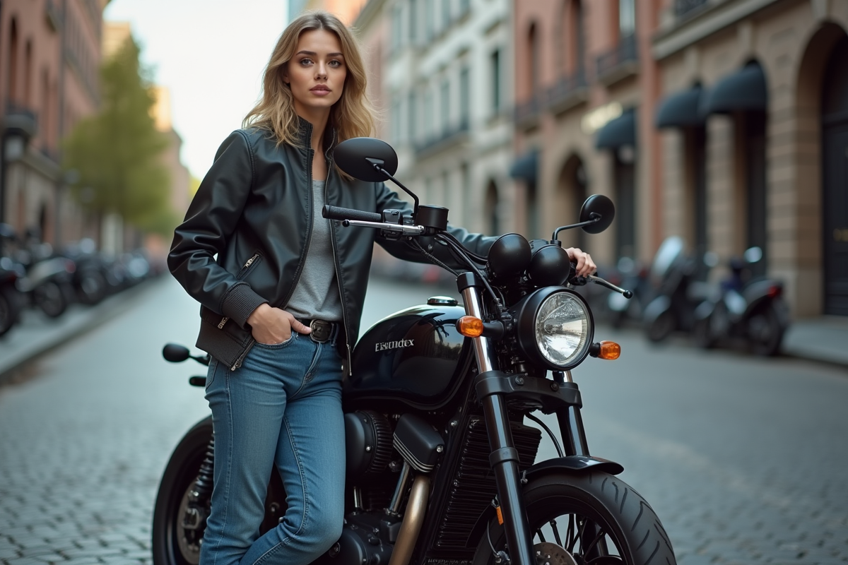 Jeune femme en jeans et veste près d