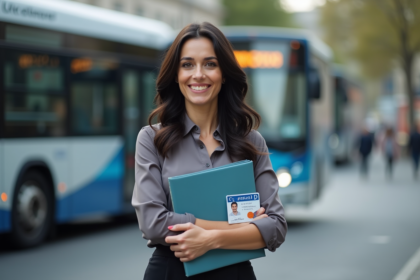 Femme souriante avec permis D devant un bus urbain