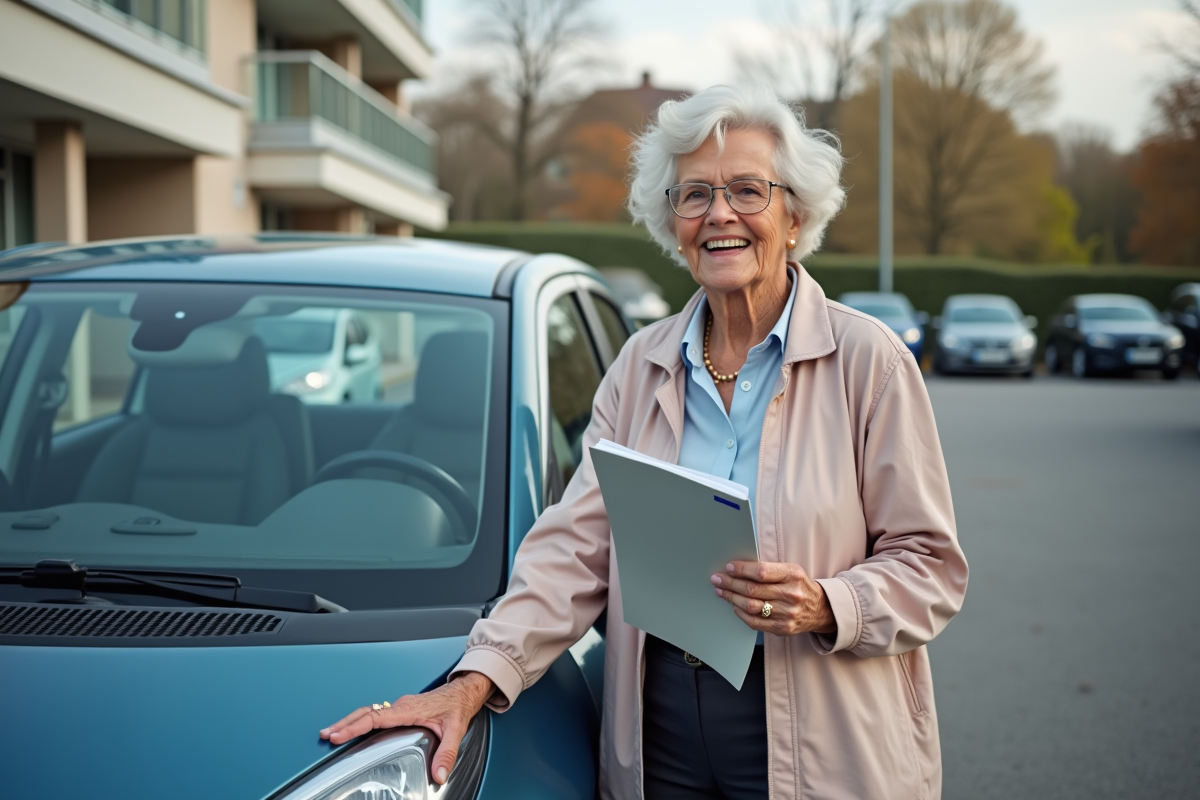 Femme âgée tenant son permis de conduire devant une voiture