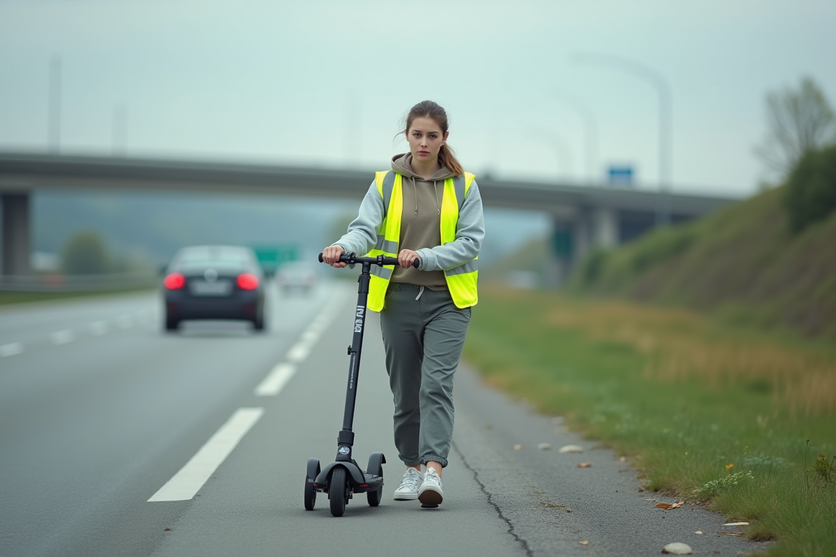 Jeune femme poussant un scooter sur la bande d