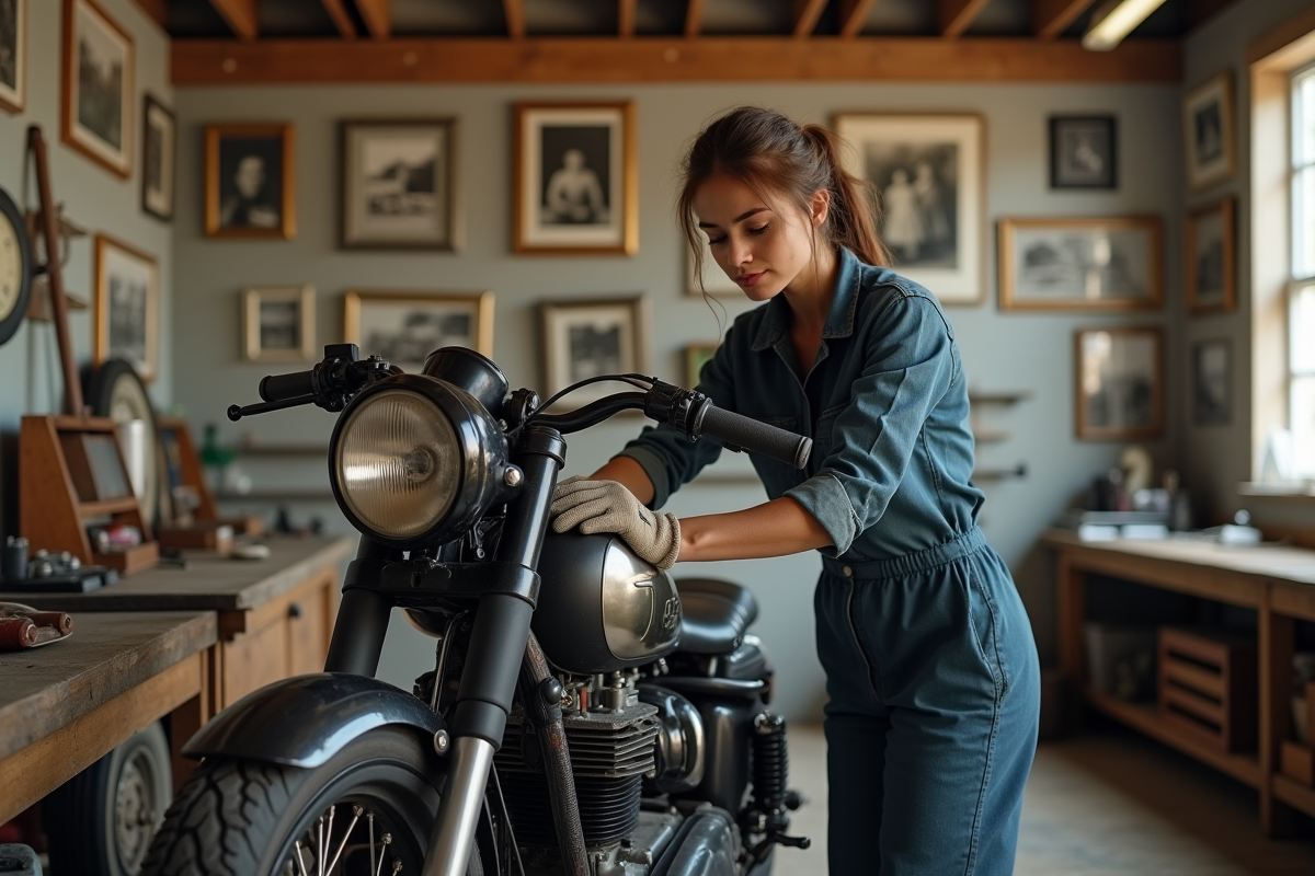 Jeune femme polissant une moto ancienne dans un atelier