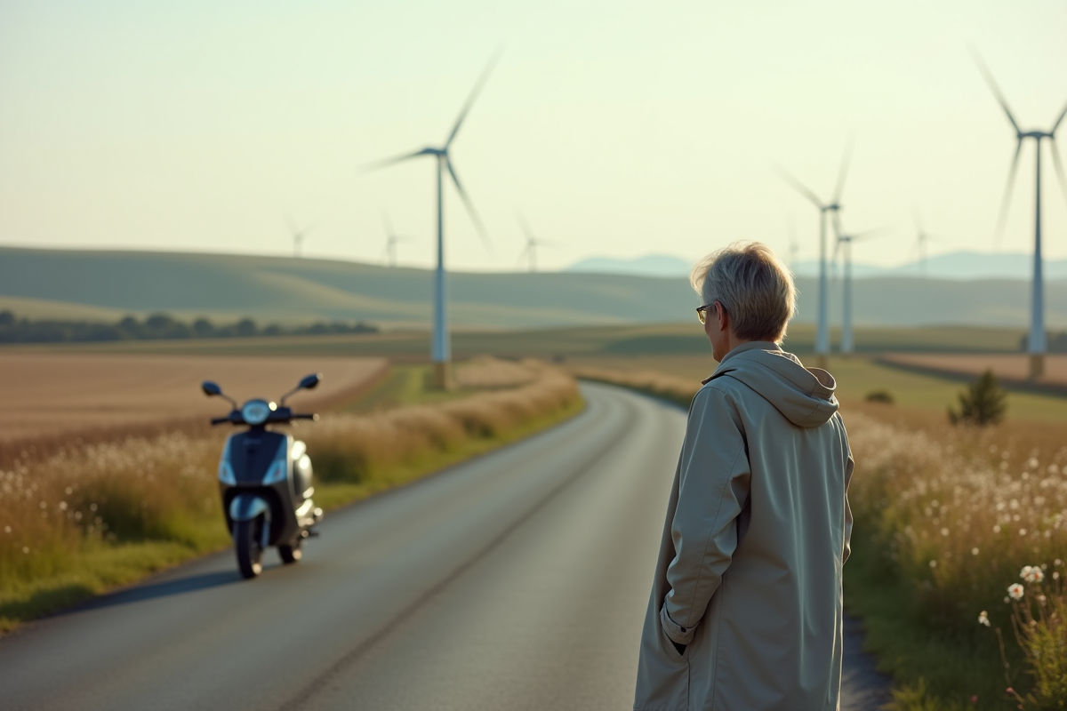 Femme regardant son scooter dans un paysage rural