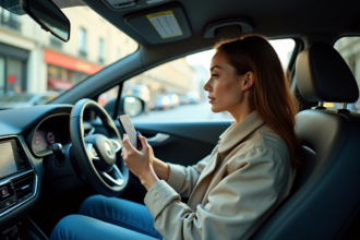 Femme dans une voiture regardant son smartphone