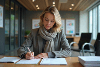 Femme d'âge moyen remplissant des papiers au bureau