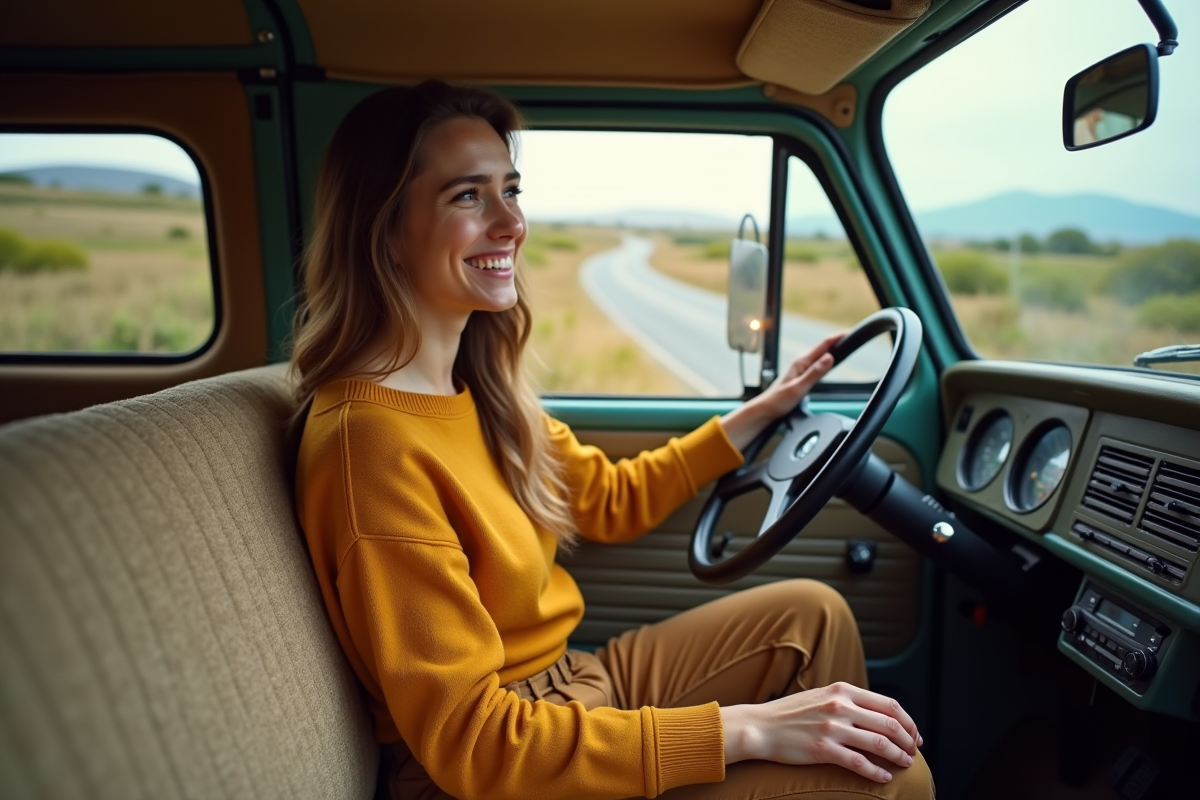 Jeune femme souriante dans la cabine d