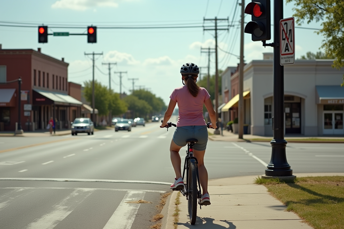 Jeune femme cycliste attendant au feu rouge au Texas