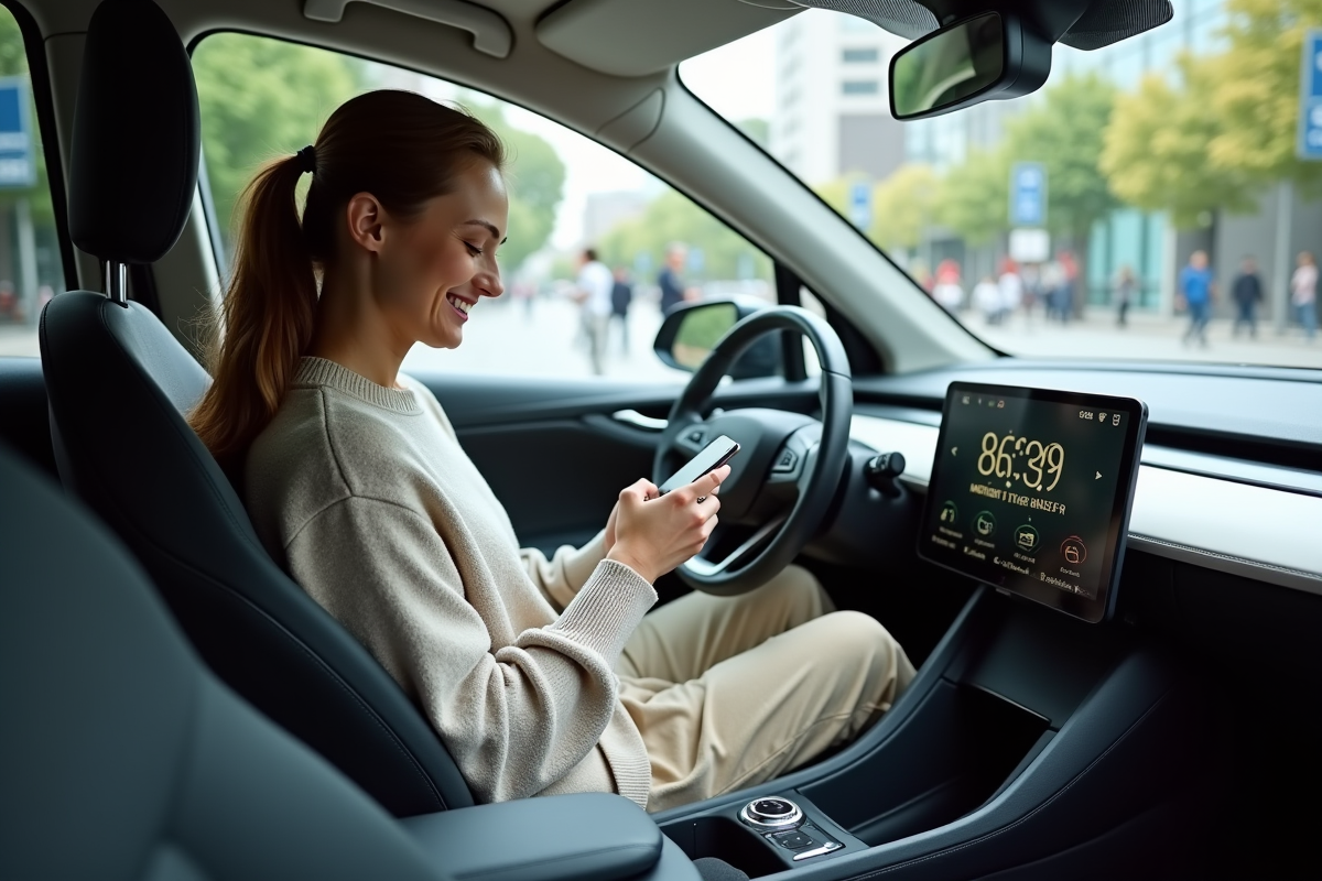 Jeune femme souriante dans une voiture électrique en ville