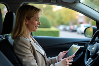 Femme d age moyen dans sa voiture moderne avec tablette