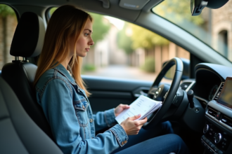 Jeune femme en voiture examinant des documents de voyage
