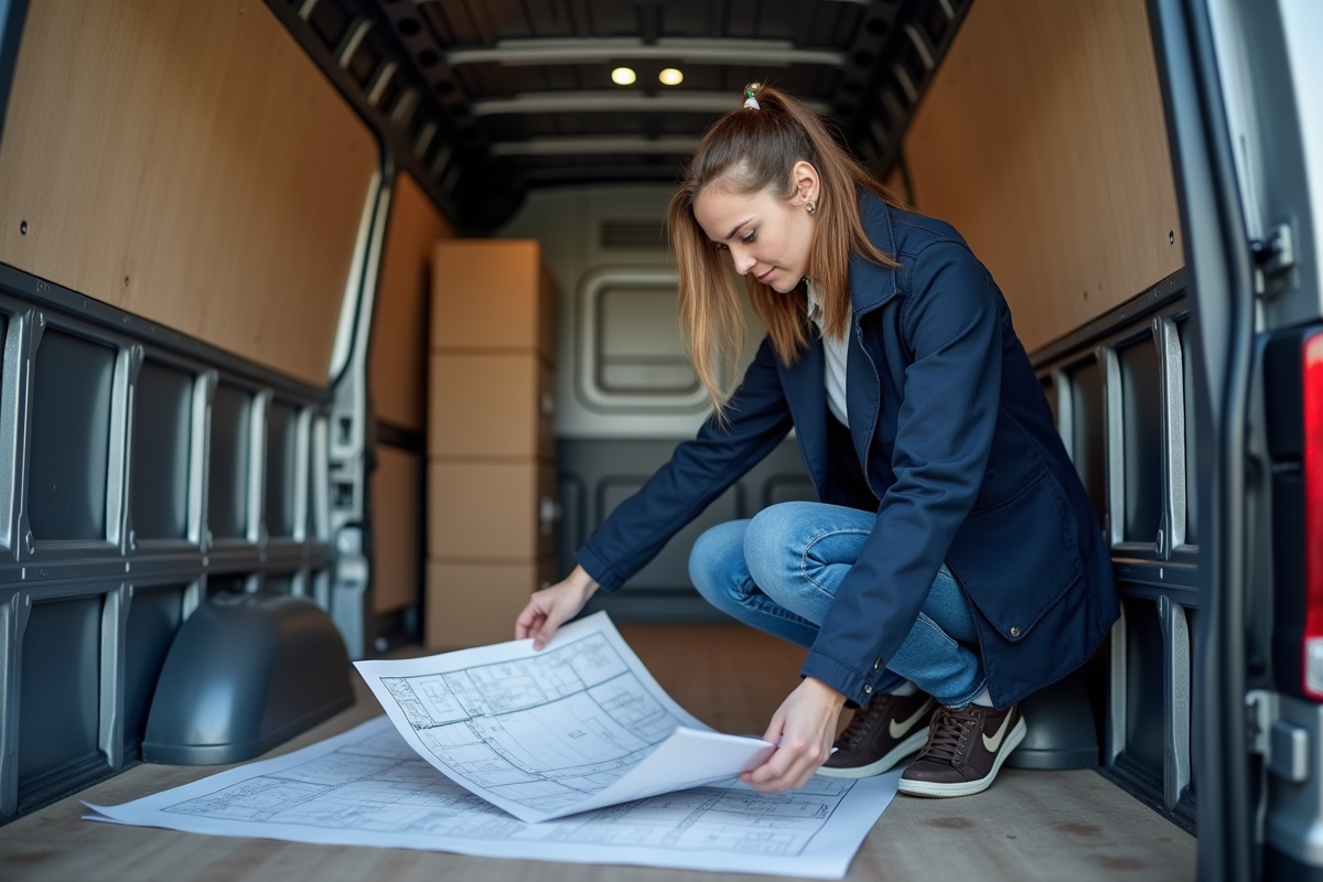 Jeune femme examinant un plan dans l’espace de chargement du van