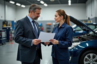 Homme d'affaires discutant avec une mécanicienne dans un atelier auto