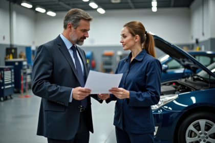 Homme d'affaires discutant avec une mécanicienne dans un atelier auto