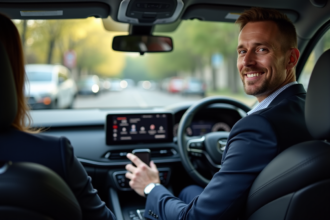Homme d'âge moyen dans une voiture moderne interactant avec l'écran tactile