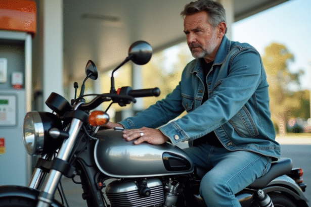 Homme en gear moto examine sa moto économique au gas station