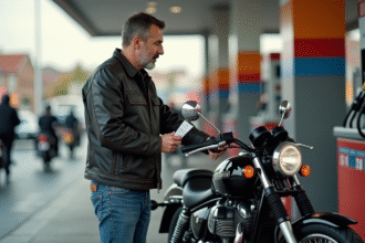Homme en veste de moto vérifiant son réservoir à la station