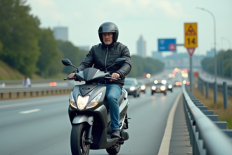 Homme en moto scooter sur autoroute urbaine en France