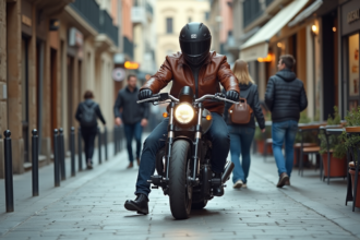 Homme en blouson en cuir et casque moto dans une ville