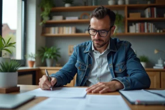 Homme d'âge moyen remplissant papiers d'immatriculation voiture