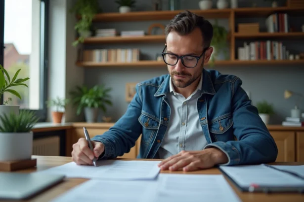 Homme d'âge moyen remplissant papiers d'immatriculation voiture