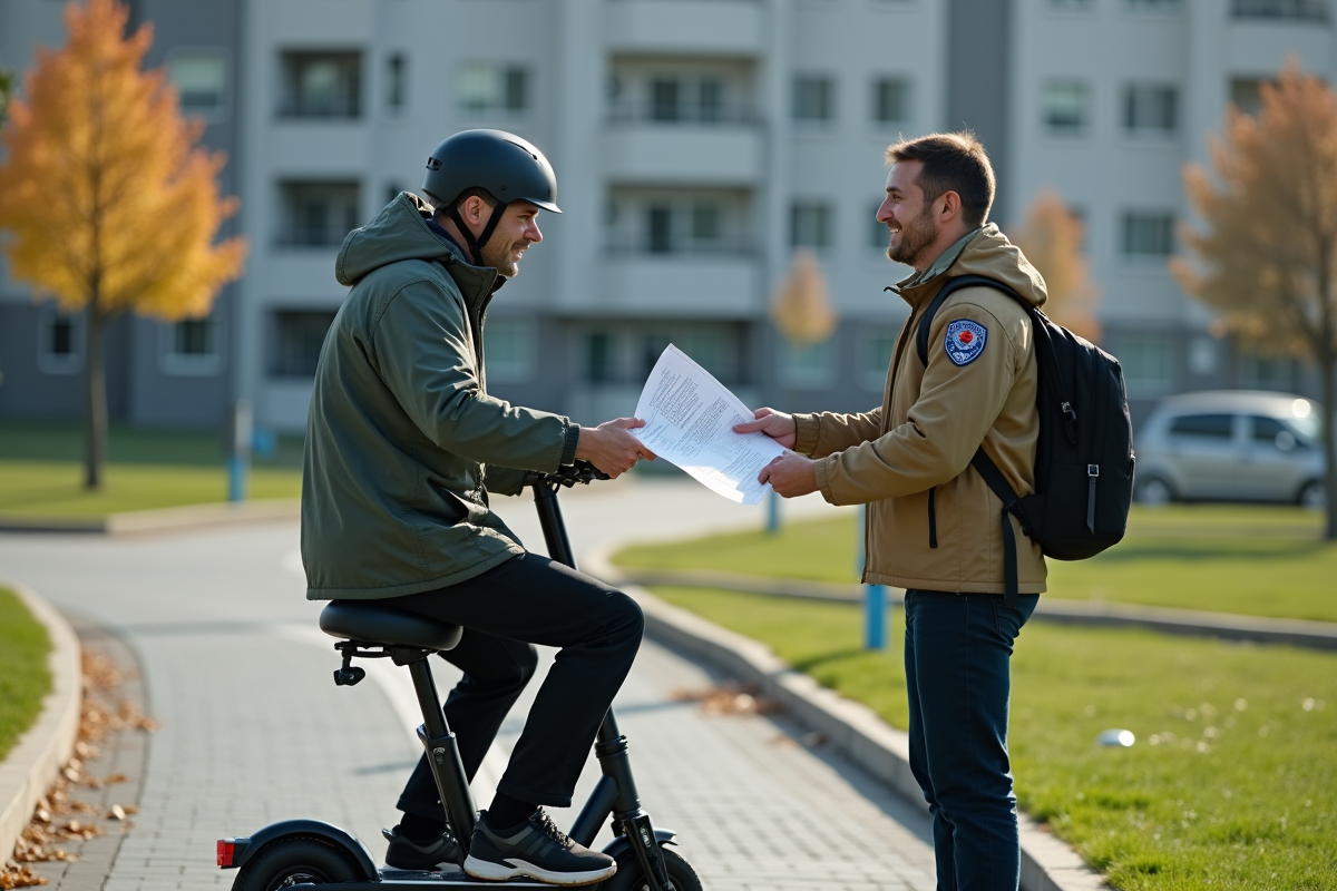 Homme avec scooter électrique échangeant permis avec officiel