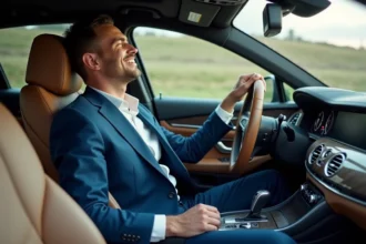 Homme d'âge moyen dans une voiture de luxe en détente