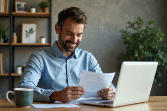 Homme souriant vérifiant documents de garantie dans un bureau