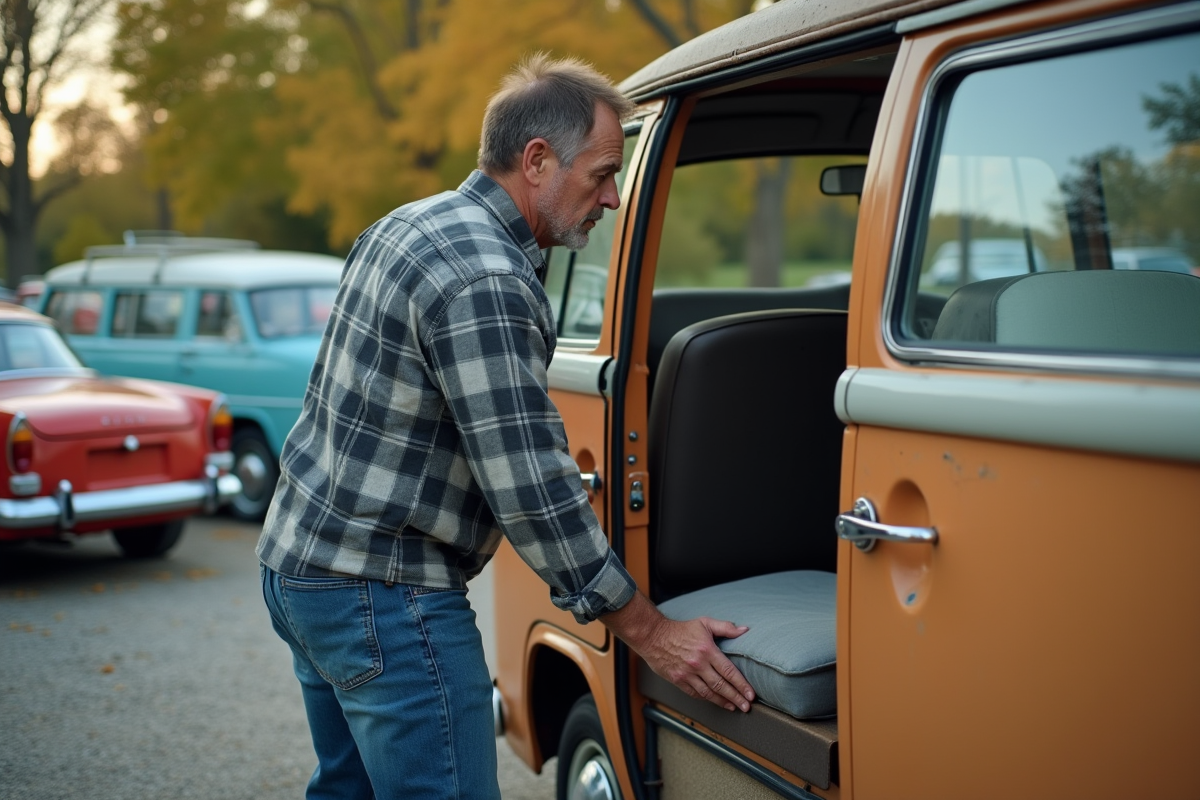 Homme d'âge moyen examinant un van d'occasion en lot