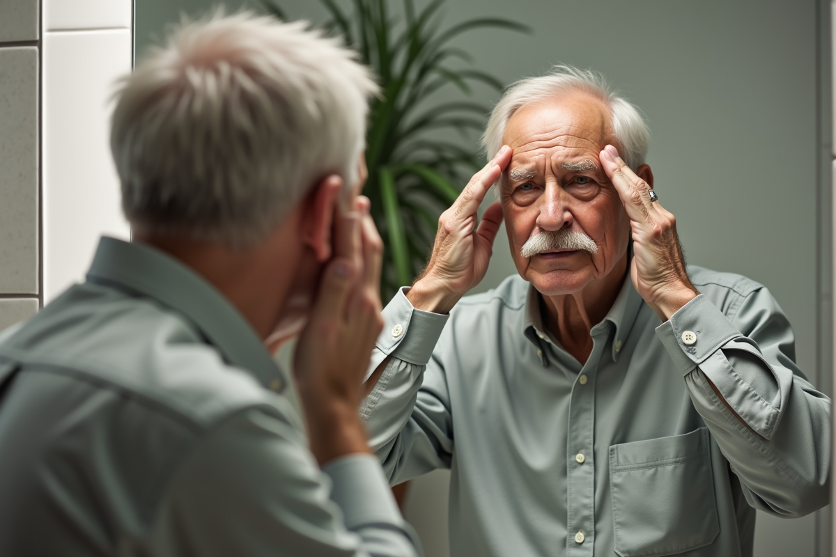 Homme âgé regardant son reflet en touchant un bouton sur le front