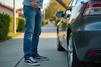 Homme d'âge moyen vérifiant une plaque d'immatriculation endommagée devant sa voiture