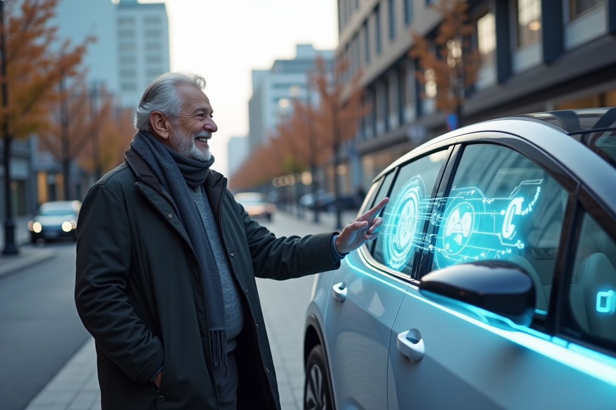 Homme âgé interagissant avec une voiture électrique moderne