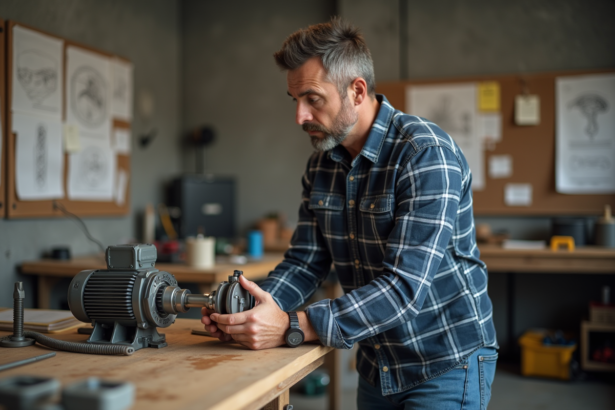 Ingénieur homme examine moteur magnetique en atelier
