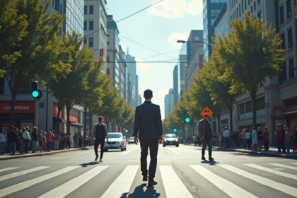 Piéton distrait prêt à traverser devant une voiture en ville