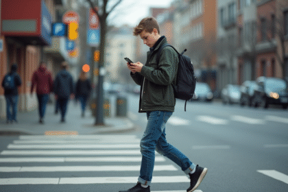 Jeune adolescent marchant dans la rue avec smartphone